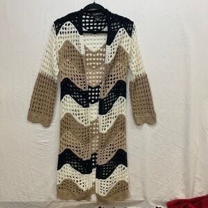 Runway Womens Small Crochet Longline Cardigan Chevron Wave Duster Black Tan